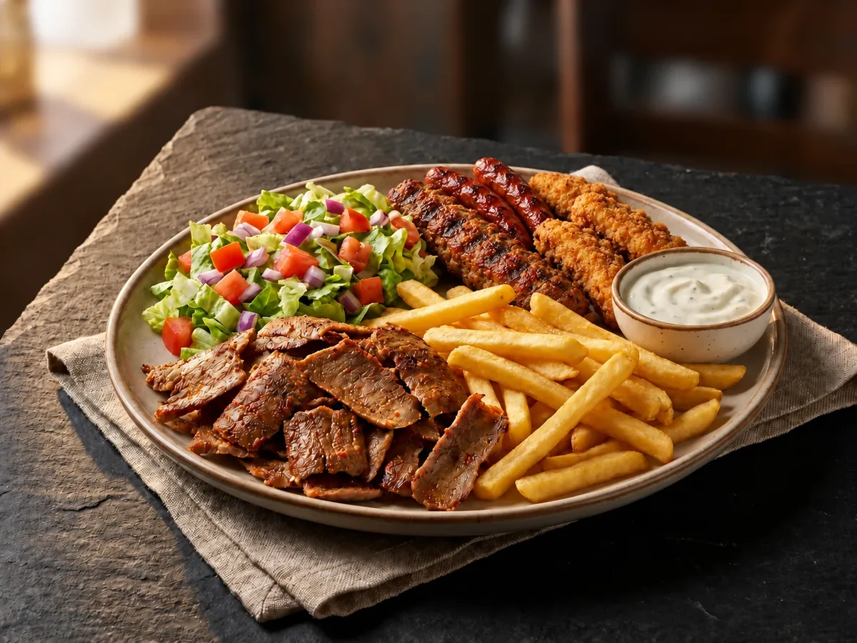 Assiette kebab, merguez, tenders, frites, salade et sauce blanche
