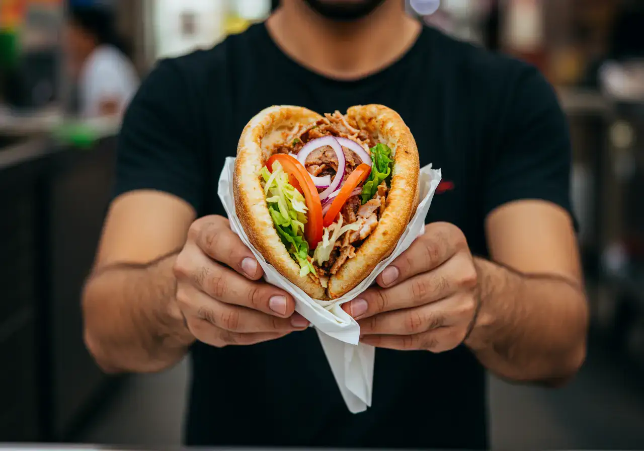 Meilleur kebab à Annonay : viande tranchée à la broche devant le client