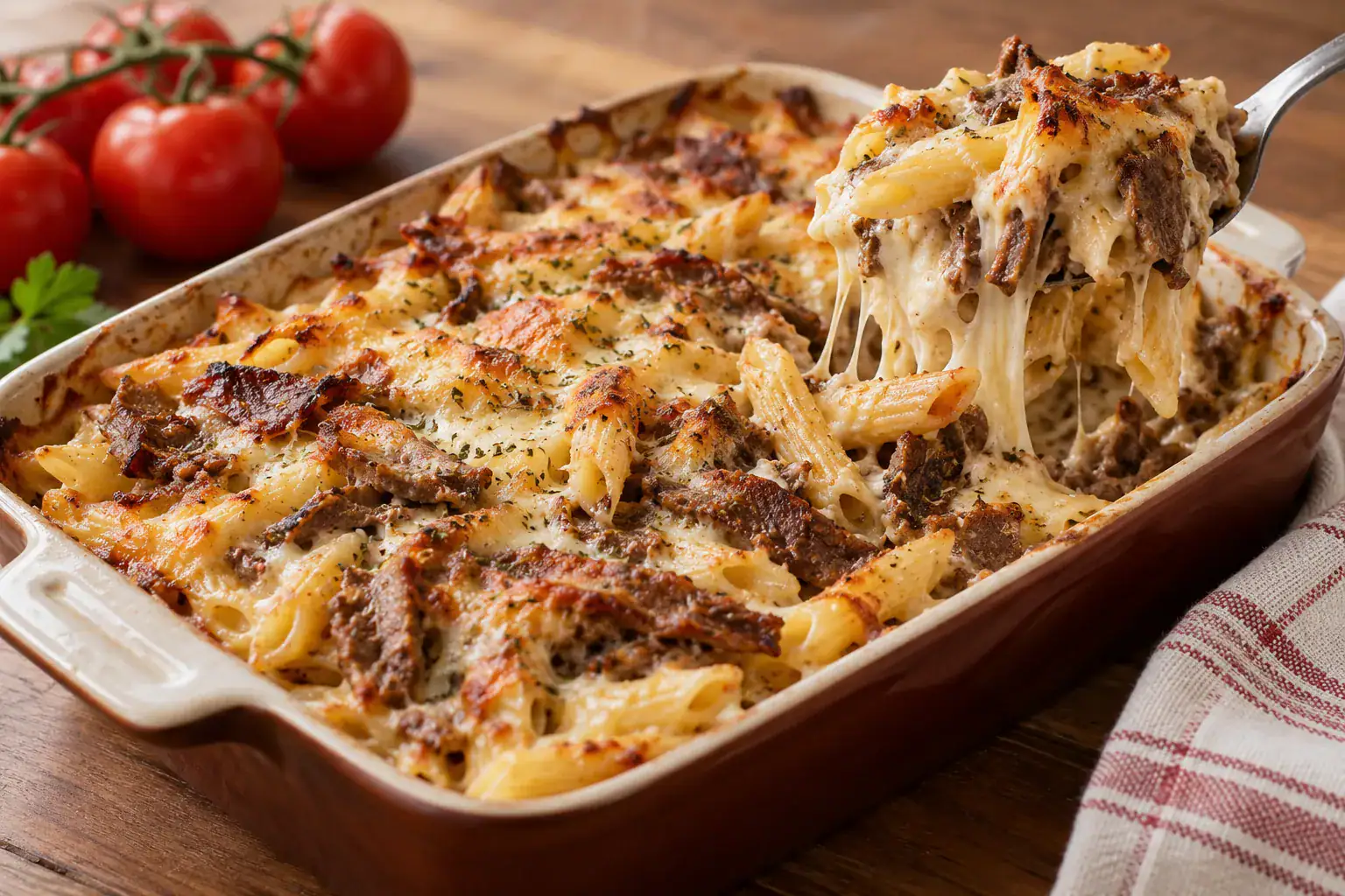 Gratin de pâtes au kebab doré au four, dans un plat en céramique