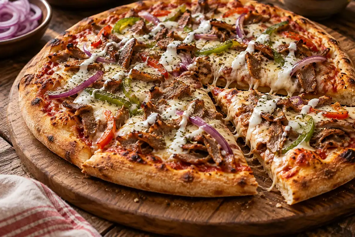 Pizza kebab garnie d'émincé de kebab, oignons rouges, poivrons et mozzarella