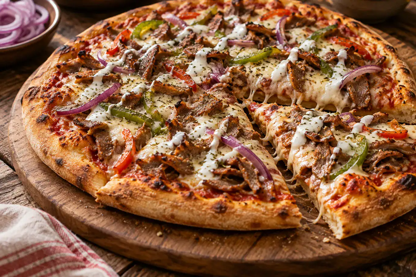 Pizza kebab garnie d'émincé de kebab, oignons rouges, poivrons et mozzarella