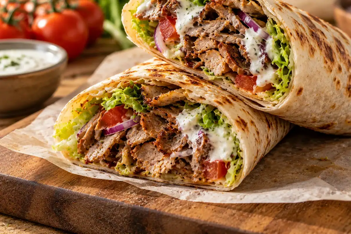 Wrap au kebab coupé en deux, garni de crudités et d'émincé de kebab